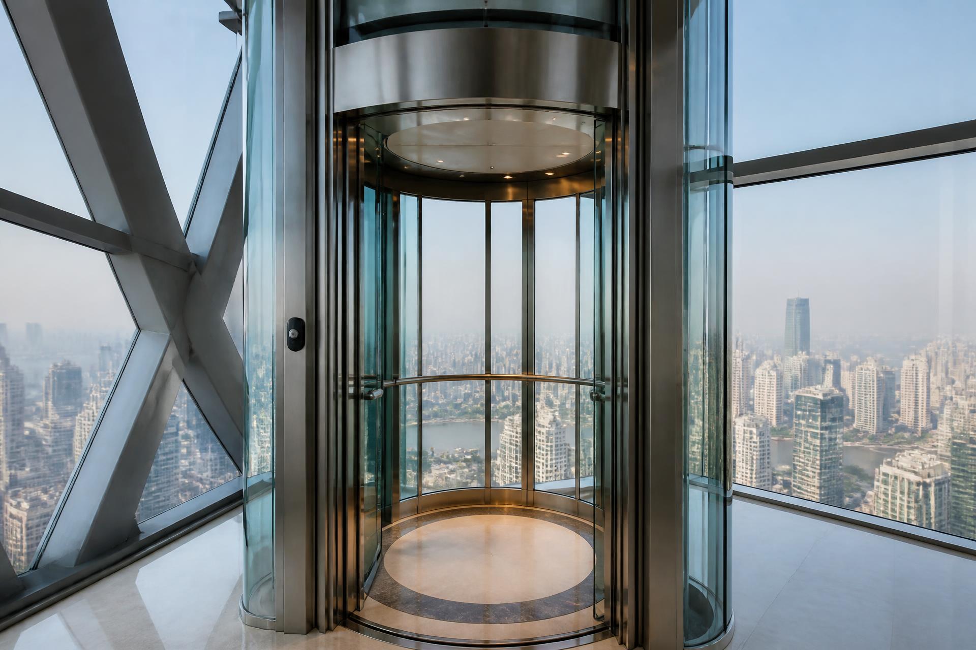 Elevador panorâmico moderno em prédio corporativo